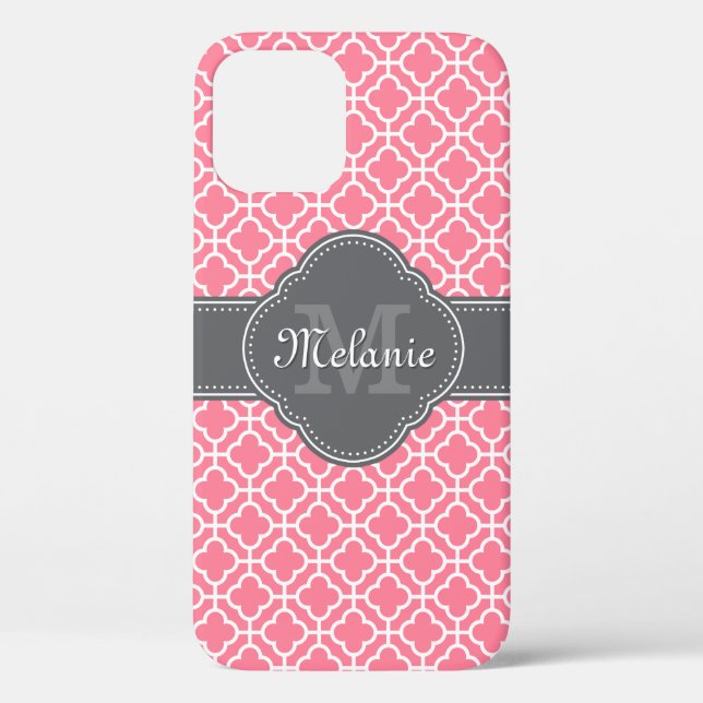 Light Pink Wht Moroccan Pattern Dark Grey Monogram Case-Mate iPhone Case (Back)