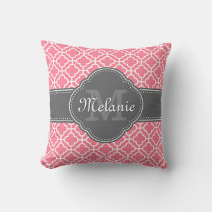 Light Pink Wht Moroccan Pattern Dark Grey Monogram Cushion