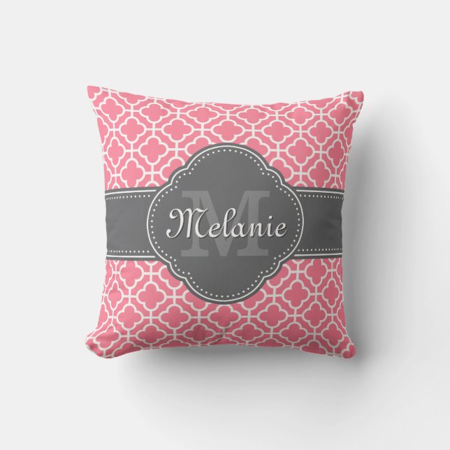 Light Pink Wht Moroccan Pattern Dark Grey Monogram Cushion (Front)