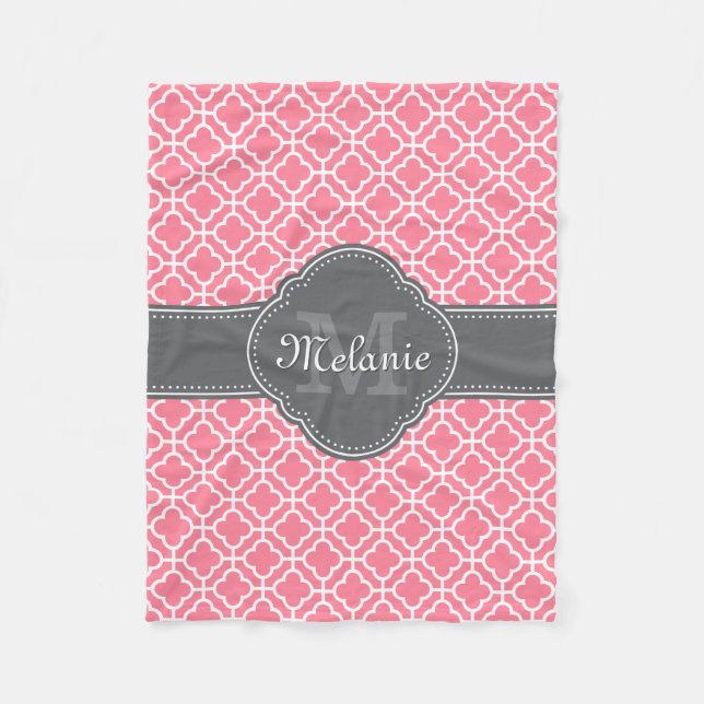 Light Pink Wht Moroccan Pattern Dark Grey Monogram Fleece Blanket (Front)