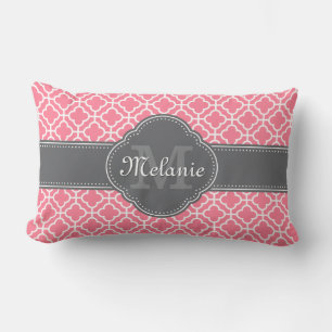 Light Pink Wht Moroccan Pattern Dark Grey Monogram Lumbar Cushion