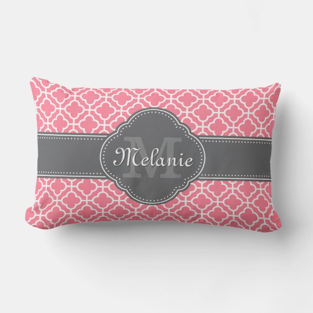 Light Pink Wht Moroccan Pattern Dark Grey Monogram Lumbar Cushion (Front)