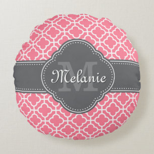Light Pink Wht Moroccan Pattern Dark Grey Monogram Round Cushion