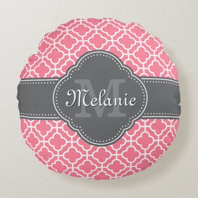 Light Pink Wht Moroccan Pattern Dark Grey Monogram Round Cushion (Front)