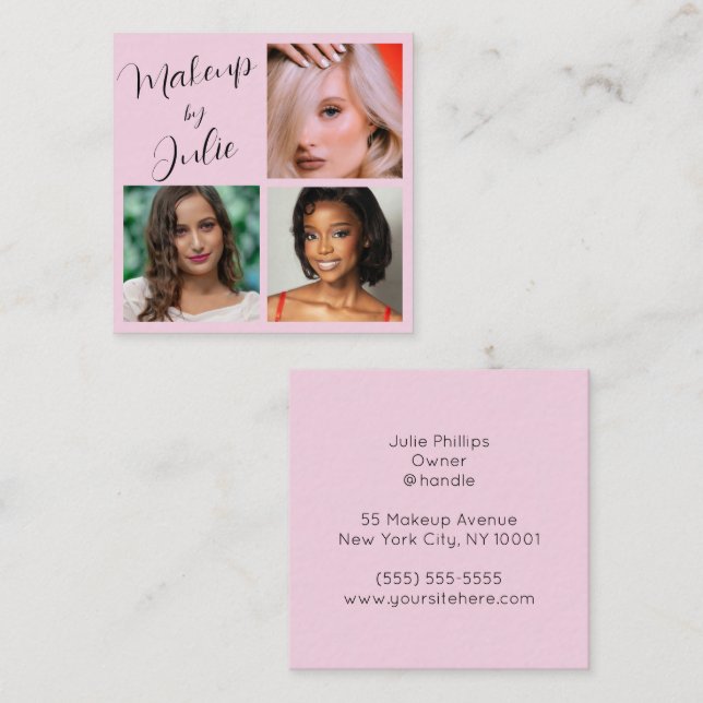 Light Pink with Black Script Three Photo Makeup Square Business Card (Front/Back)