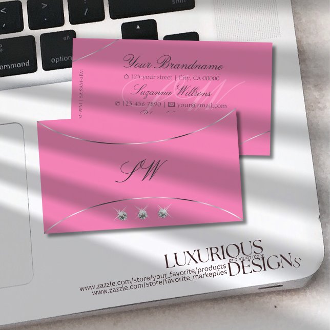 Light Pink with Silver Decor Diamonds and Monogram Business Card (Creator Uploaded)