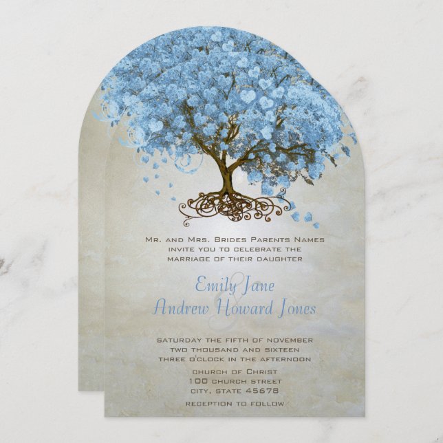 Light Powder Blue Heart Leaf Tree Wedding Invitation (Front/Back)