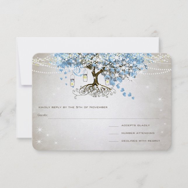 Light Powder Blue Heart Leaf Tree Wedding RSVP (Front)