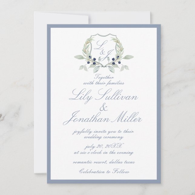 Light Powder Blue Romantic Monogram Crest Wedding Invitation (Front)