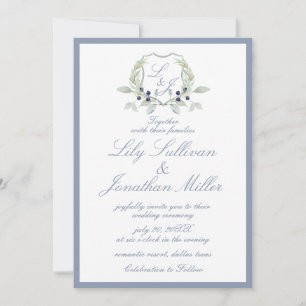 Light Powder Blue Romantic Monogram Crest Wedding Invitation