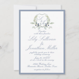 Light Powder Blue Romantic Monogram Crest Wedding  Invitation