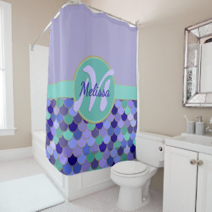 Light Purple & Aqua Monogram + Name Mermaid Scales Shower Curtain