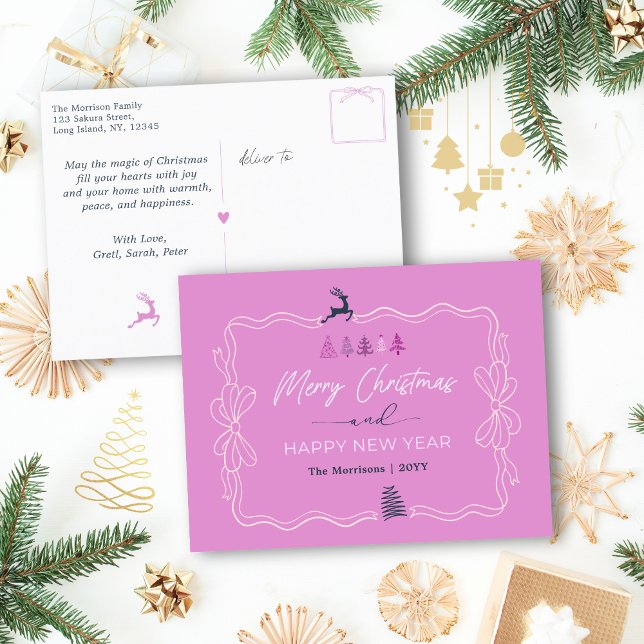 Light Purple: Bow & Trees Doodles Holiday Postcard (Light Purple: Bow & Trees Doodles Holiday Postcard)