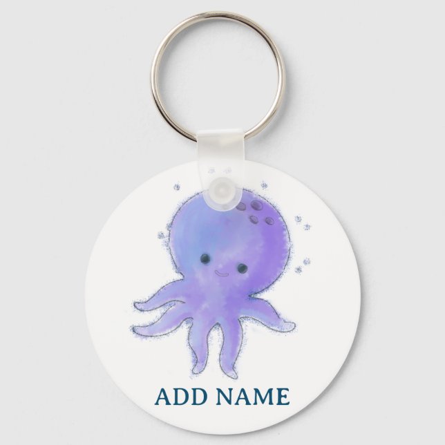 Light Purple Cute Octopus Watercolor Custom Name Key Ring (Front)