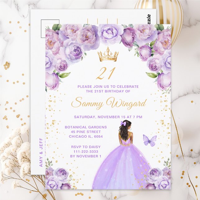 Light Purple Dark Skin Princess Birthday Party Postcard (Creator Uploaded)