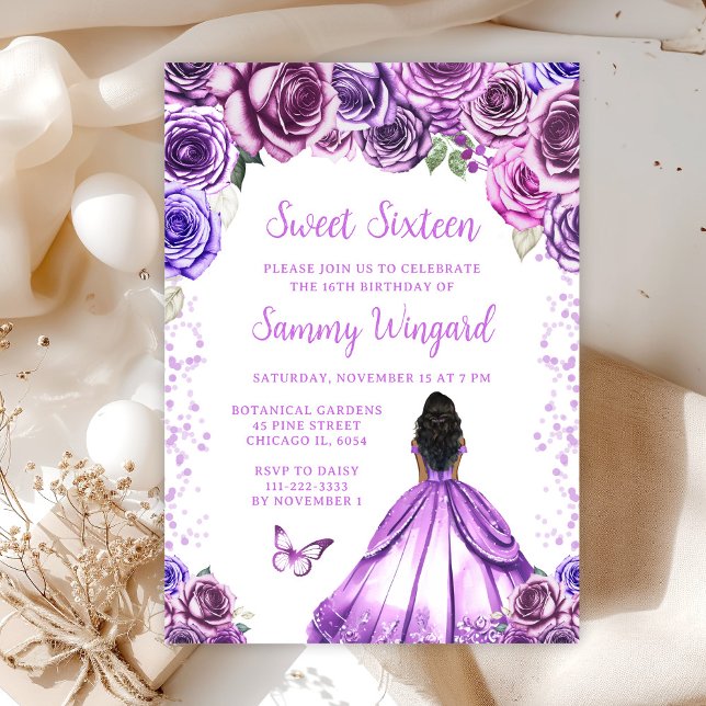 Light Purple Dark Skin Princess Sweet Sixteen Invitation (Creator Uploaded)