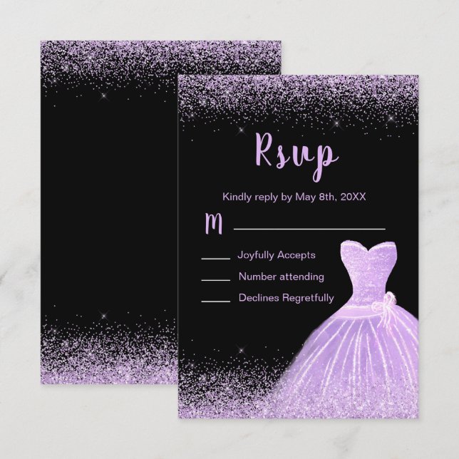 Light Purple Dress Faux Glitter Sweet 16 Birthday RSVP Card (Front/Back)