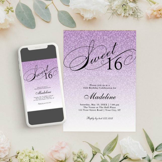 Light Purple Glam Glitter Sweet 16 Invitation (Creator Uploaded)