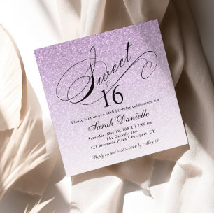 Light Purple Glam Glitter Sweet 16 Square Invitation