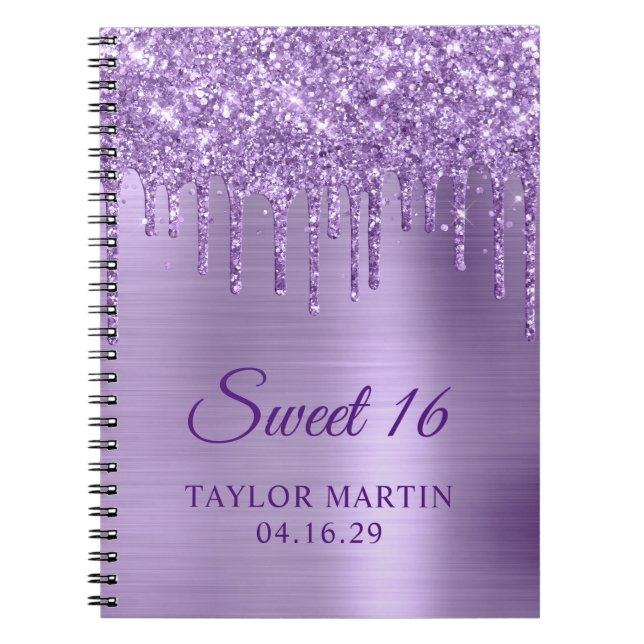 Light Purple Glitter Drips Metallic Sweet 16 Guest Notebook (Front)