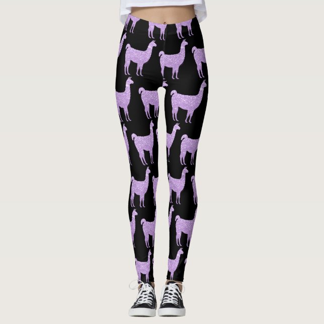 Light Purple glitter Sparkles Llama pattern Leggings (Front)