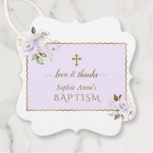 Light Purple Gold Flowers Gold Cross Baptism Favour Tags