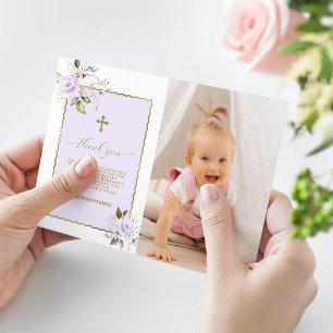 Light Purple Gold Flowers Photo Girl Baptism  Thank You Card