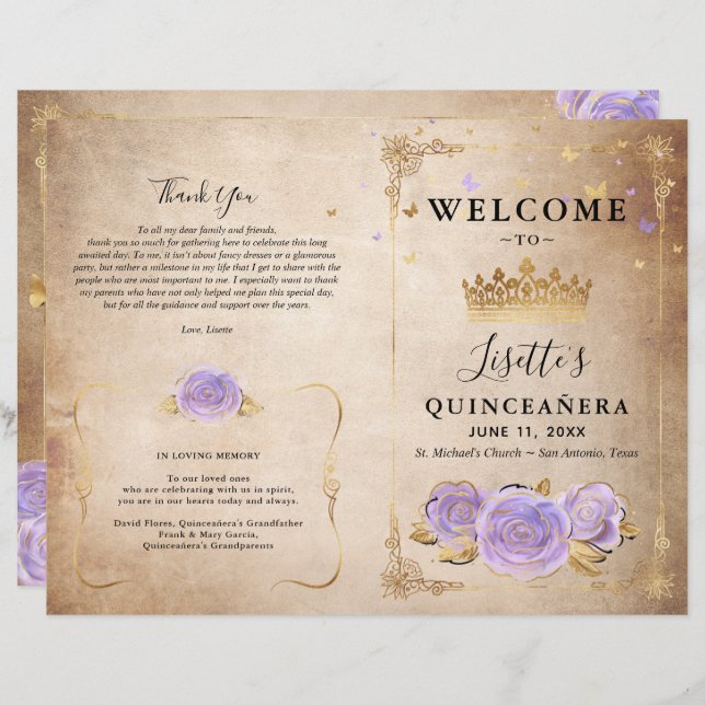 Light Purple Gold Parchment Quinceanera Program (Front/Back)