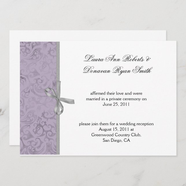 Light Purple Grey White Damask Post Wedding Invitation (Front/Back)