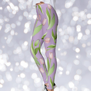 Light Purple Modern Pink Tulip Print Leggings