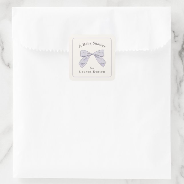 Light Purple Plaid Bow Elegant Neutral Baby Shower Square Sticker (Bag)