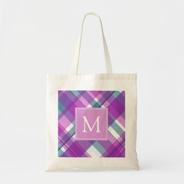 Light Purple Plaid Monogram Tote Bag (Front)