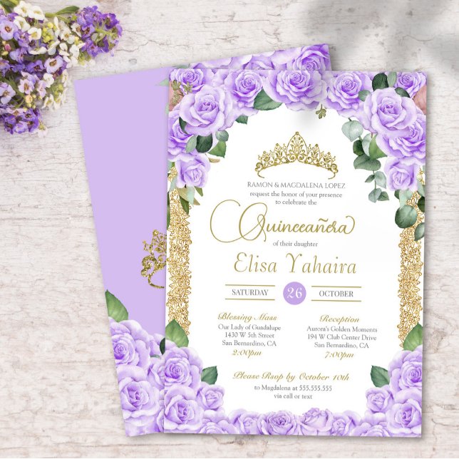 Light Purple Rose Floral Gold Elegant Quinceanera Invitation (Creator Uploaded)