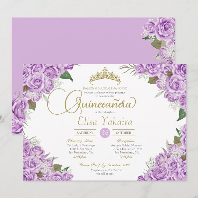 Light Purple Rose Floral Gold Tiara Quinceanera Invitation (Front/Back)