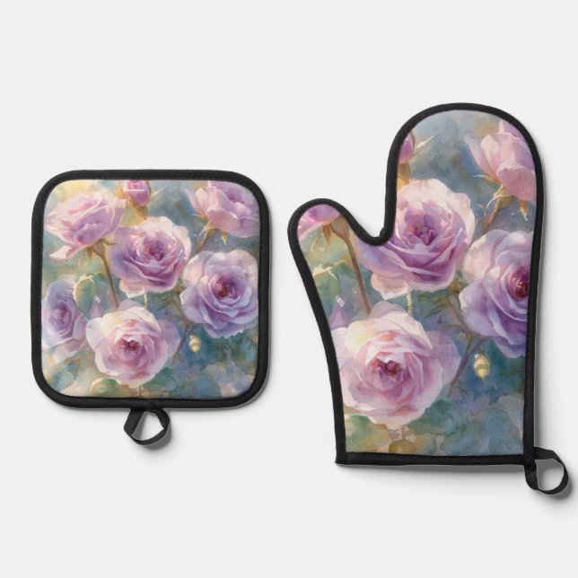 Light Purple Roses Impressionistic Flowers Oven Mitt & Pot Holder Set (Front)
