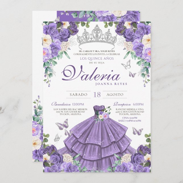 Light Purple Silver Butterfly Princess Quinceanera Invitation (Front/Back)