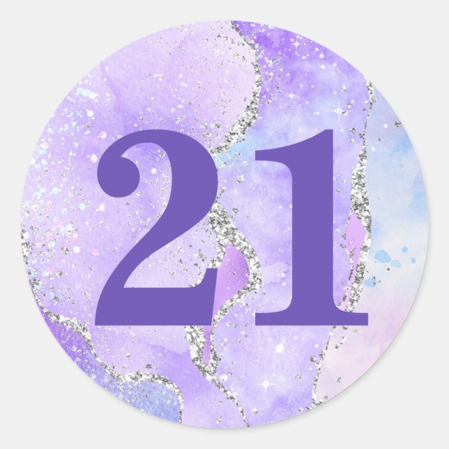 Light Purple & Silver Faux Glitter Agate Birthday Classic Round Sticker (Front)