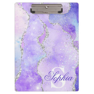 Light Purple & Silver Faux Glitter Agate Monogram Clipboard