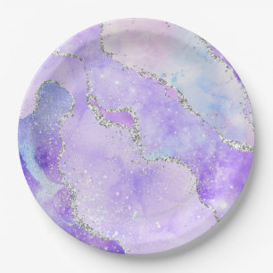 Light Purple & Silver Faux Glitter Pastel Agate Paper Plate