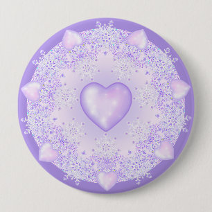 light purple snowflake & glittering heart 10 cm round badge