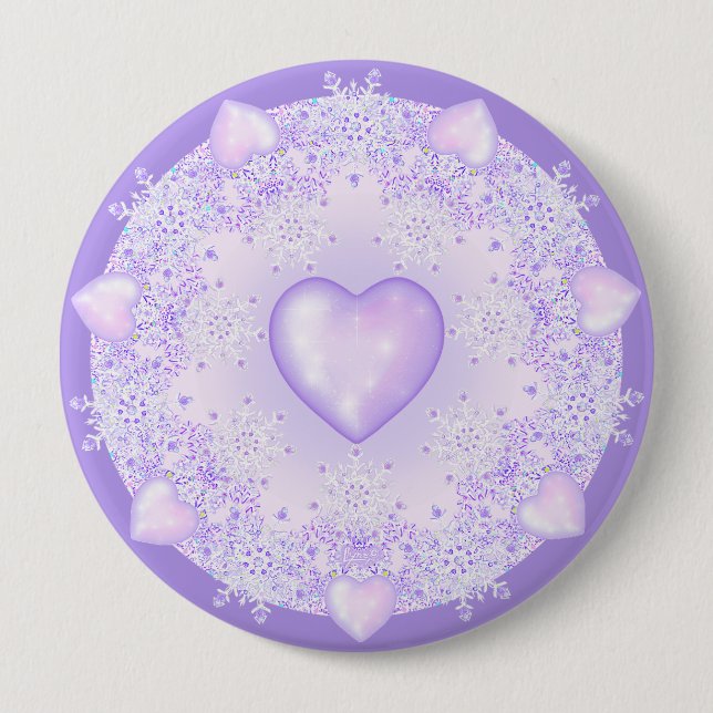light purple snowflake & glittering heart 10 cm round badge (Front)