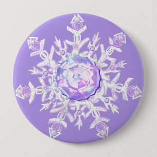 light purple snowflake & glittering heart 10 cm round badge