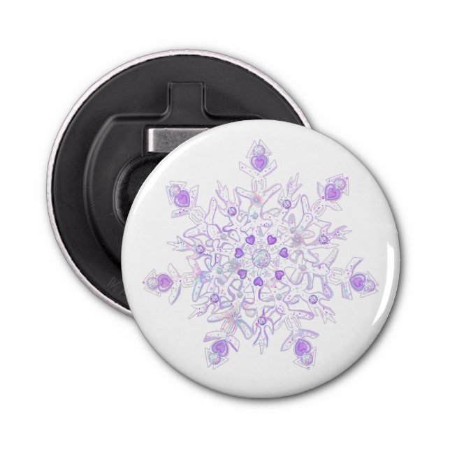 light purple snowflake & glittering heart bottle opener (Front)