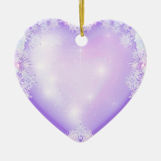 light purple snowflake & glittering heart ceramic tree decoration (Front)