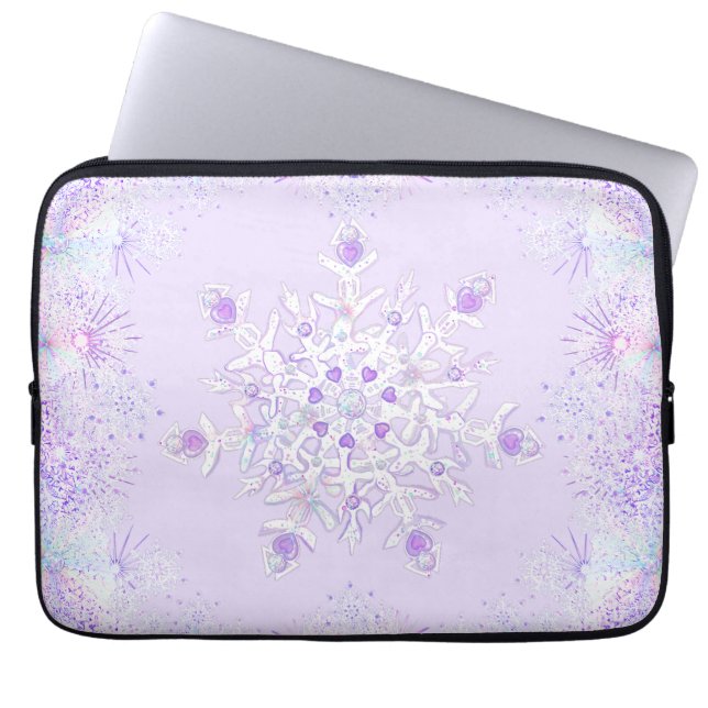 light purple snowflake & glittering heart laptop sleeve (Front)