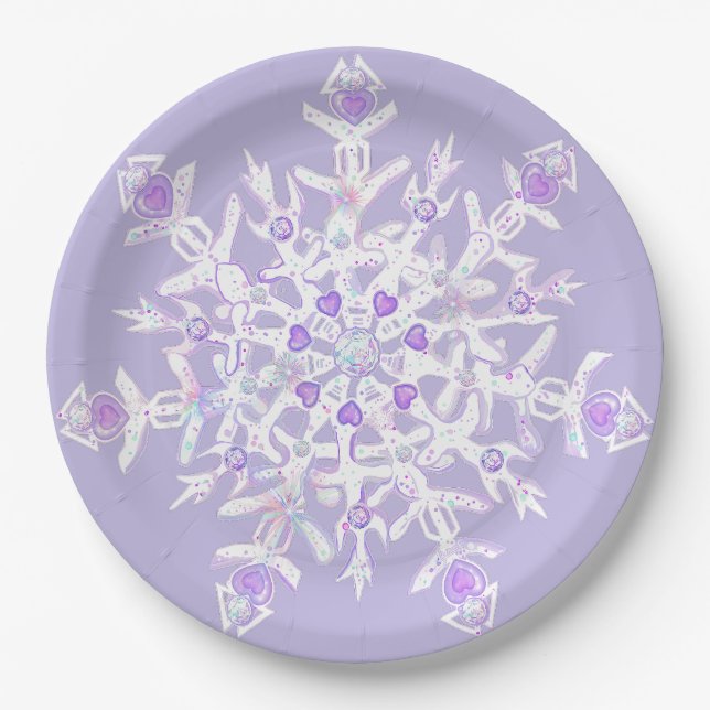 light purple snowflake & glittering heart paper plate (Front)
