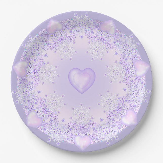 light purple snowflake & glittering heart paper plate (Front)