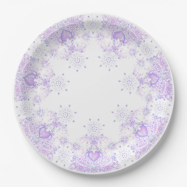 light purple snowflake & glittering heart paper plate (Front)