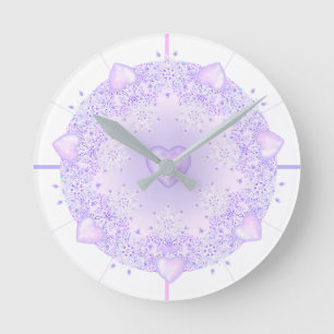 light purple snowflake & glittering heart round clock