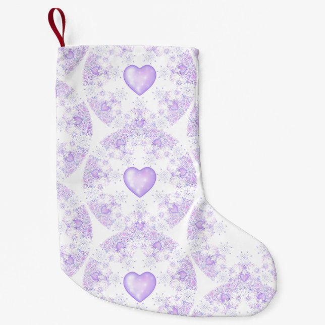 light purple snowflake & glittering heart small christmas stocking (Front)